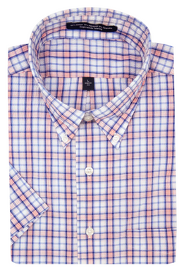 A short-sleeved seersucker shirt with a checkered pattern in red, white, and blue colors, displayed on a plain background.