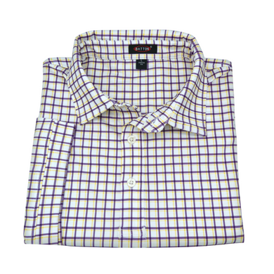A long-sleeved checkered polo shirt in shades of violet, straw, and white, laid out flat.