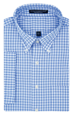 A short-sleeved seersucker sport shirt in pastel blue with a button-down collar, displayed on a white background.