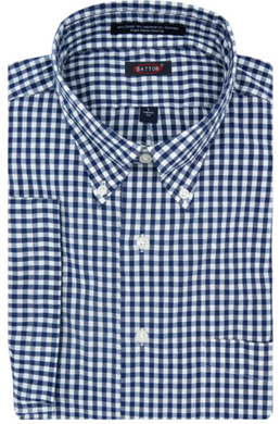 A short-sleeved, button-down shirt with a midnight check pattern, collar, and double-button barrel cuffs.