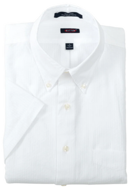 A white, long-sleeved, button-down cotton seersucker shirt with a collar and chest pocket.
