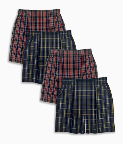A 4-pack assorted set of men's boxer shorts, with two boxers in a plaid pattern and two in a solid color.