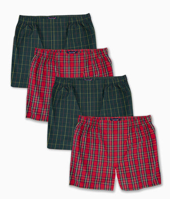 A 4-pack assorted set of men's boxer shorts in various patterns, including solid green, red and black plaid, and red and green plaid.