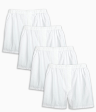 Load image into Gallery viewer, A pack of four white solid oxford boxer shorts made of 100% cotton, presented from two different angles.