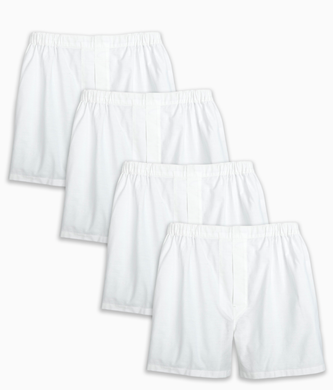 A pack of four white solid oxford boxer shorts made of 100% cotton, presented from two different angles.