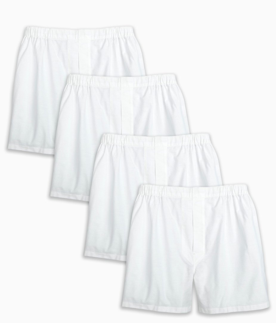 A pack of four white solid oxford boxer shorts made of 100% cotton, presented from two different angles.