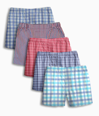 A set of five men's boxer shorts in assorted check patterns.
