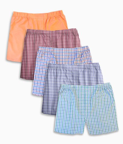 A set of five men's cotton poplin boxers in assorted check and windowpane patterns.