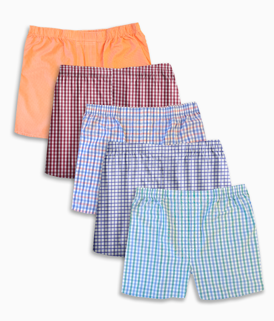A set of five men's cotton poplin boxers in assorted check and windowpane patterns.