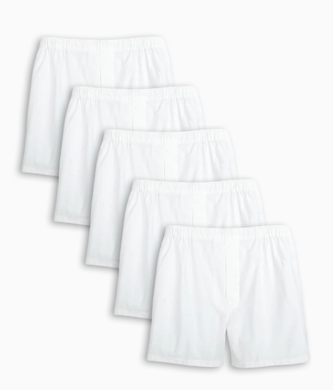 A 5-pack of white 100% cotton men's broadcloth boxer shorts laid out in a row.