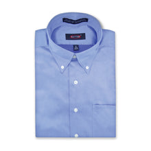 Load image into Gallery viewer, Folded light blue dress shirt with a brand label on a white background