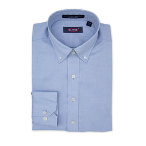 Light blue dress shirt with collar and button details on a white background