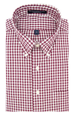 A red and white checkered button-down shirt with a collar, short sleeves, and a pocket on the chest.